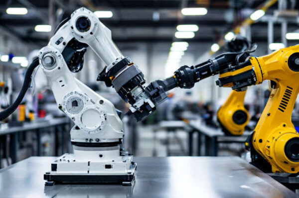 Промышленные роботы на заводе, автоматизация производства, высокие технологии.