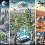 Футуристический город с технологиями, дронами и роботами на Земле и других планетах.