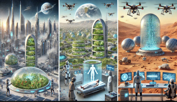 Футуристический город с технологиями, дронами и роботами на Земле и других планетах.