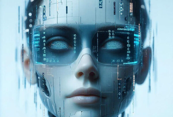 Киборг в очках дополненной реальности, цифровая графика, футуристический дизайн.