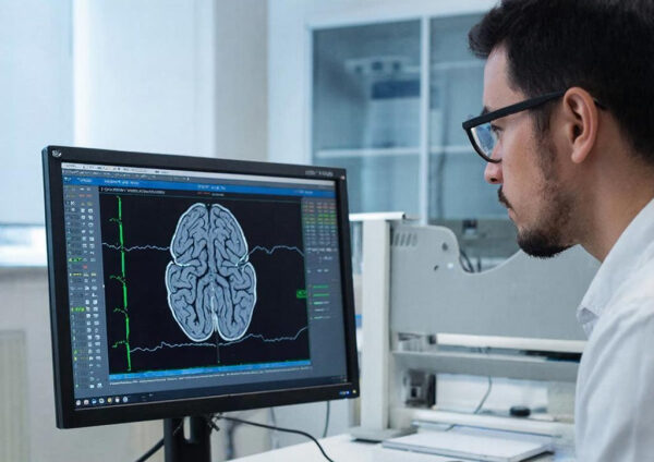 Медик анализирует МРТ мозга на компьютере в офисе.