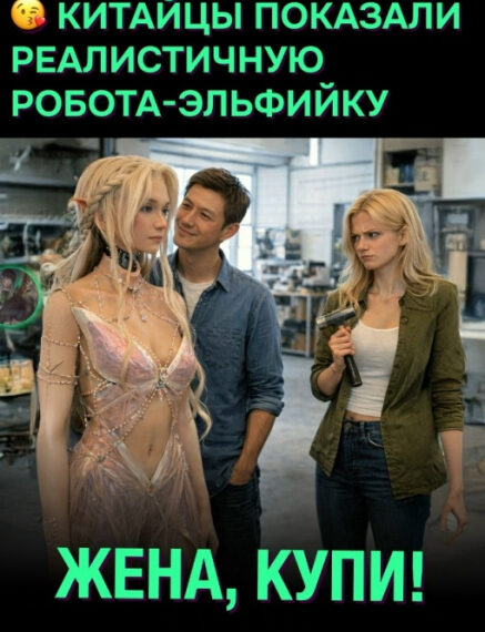 Лаборатория с роботами, человек смотрит на робота-эльфийку. Текст: "Жена, купи!".