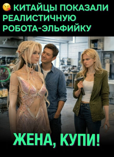 Лаборатория с роботами, человек смотрит на робота-эльфийку. Текст: "Жена, купи!".