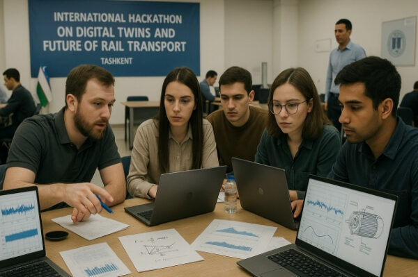 Группа участников хакатона в Ташкенте обсуждает проект на тему цифровых двойников в транспорте.