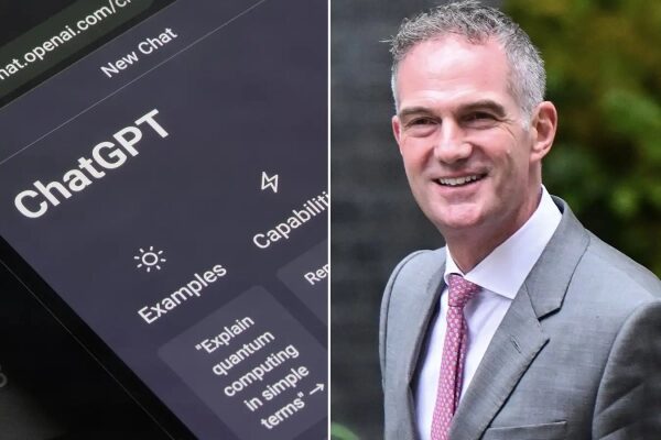 Экран ChatGPT с примерами и возможностями. Человек в костюме на улице.