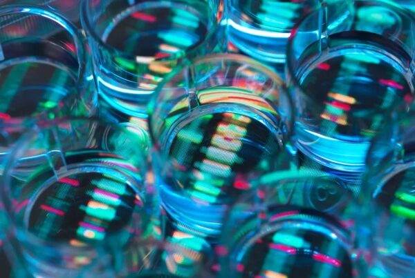 Пробирки с разноцветными жидкостями на светящемся фоне, лабораторное исследование.