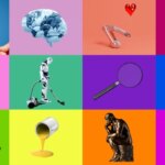 Коллаж из 12 изображений: технологии, робототехника, искусство и бизнес на цветных фонах.