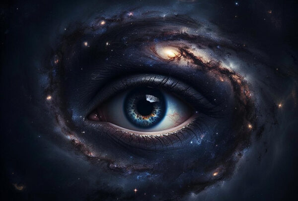 Голубой глаз в центре галактики в космосе, метафора вселенной внутри нас.