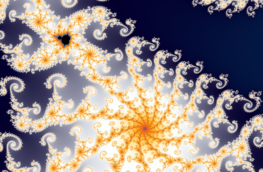 Фрактал Мандельброта, золотые спирали на синем фоне, сложные геометрические узоры.