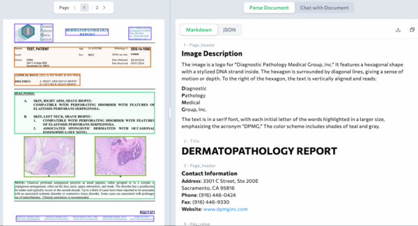 Скриншот ADE Playground, анализирующего страховой документ на структурированные поля схемы с извлеченными результатами.