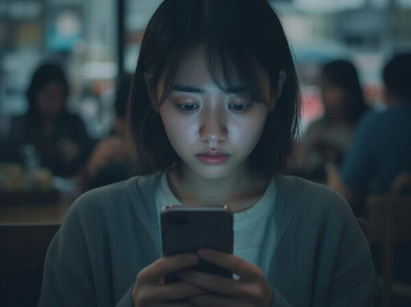 Человек в кафе с телефоном, повседневная обстановка, размытие фона.