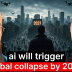 Изображение: Обложка видео о глобальном коллапсе от ИИ к 2027 году, город, дроны, люди.