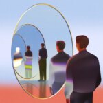 Человек перед зеркалами, создающими бесконечное отражение, абстрактный фон.