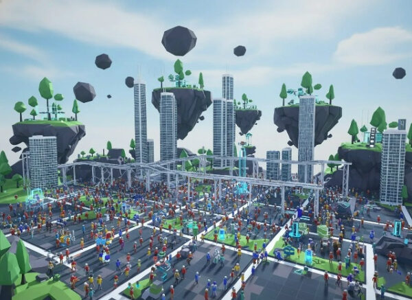 Футуристический город с небоскрёбами и летающими островами, толпы людей.