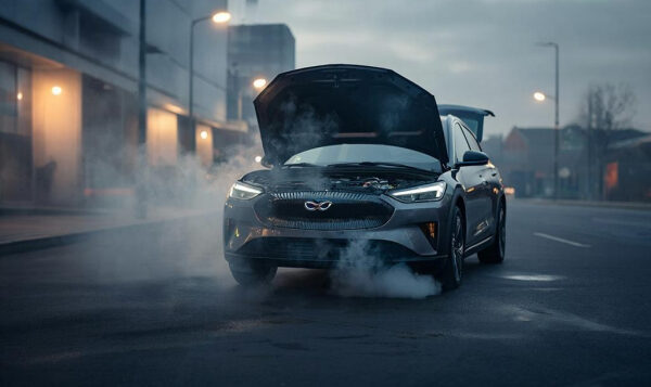 Автомобиль с открытым капотом и дымом на городской улице, вечернее время.