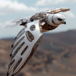 Роботизированный орёл в полете над горным пейзажем, кибернетические технологии в природе.