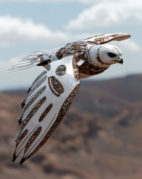 Роботизированный орёл в полете над горным пейзажем, кибернетические технологии в природе.