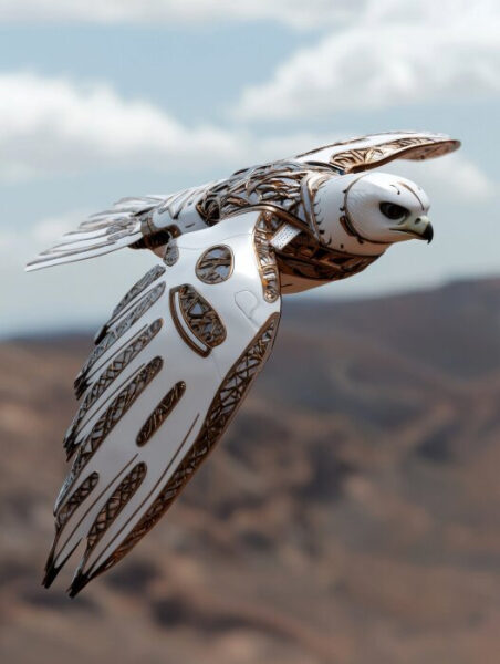 Цифровой мозг: ученые МФТИ научили летать робоптиц, скопировав нервную систему реальных животных 1 Роботизированный орёл в полете над горным пейзажем, кибернетические технологии в природе.