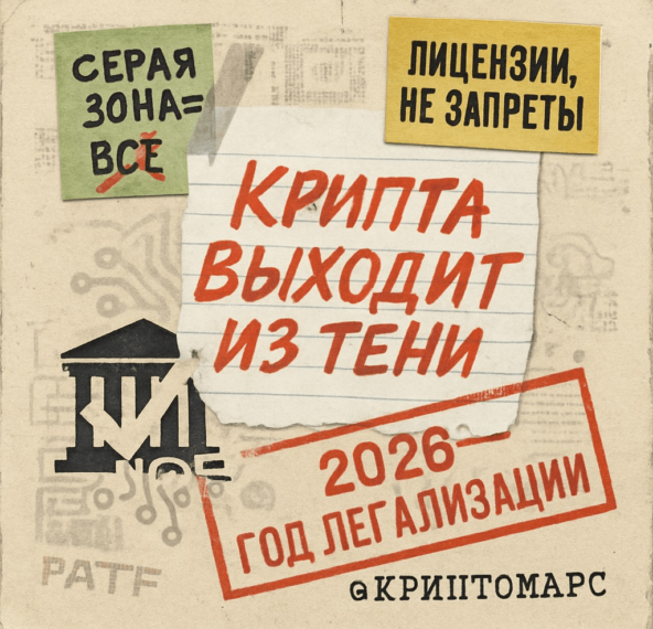 Криптовалюта легализация 2026, лозунги: "Серая зона — всё", "Лицензии, не запреты".