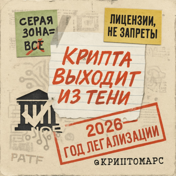 Криптовалюта легализация 2026, лозунги: "Серая зона — всё", "Лицензии, не запреты".
