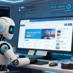 Робот работает за компьютером в высокотехнологичном офисе, программирование и анализ данных.