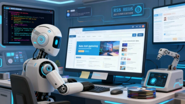 Робот работает за компьютером в высокотехнологичном офисе, программирование и анализ данных.