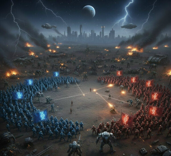 Битва двух армий с флагами на фоне разрушенного города и молний.