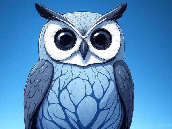 Сова с большими глазами и синими перьями на голубом фоне.