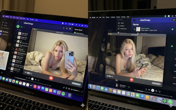 Экран ноутбука с открытым приложением для прослушивания музыки и видеочатом.