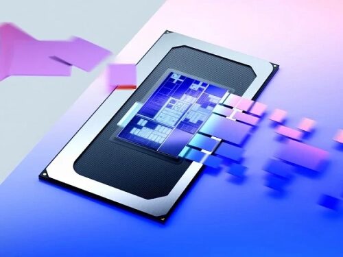 Изображение чипа с цифровыми элементами на современном фоне технологии.