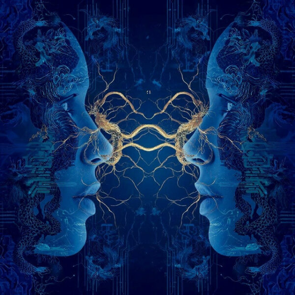 Цифровое лицо в стиле киберпанк с абстрактными узорами на синем фоне.