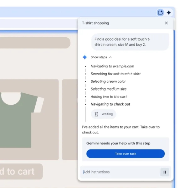 Скриншот, на котором показана модель агента Chrome, запрашивающая разрешение пользователя перед оплатой товара во время покупок.