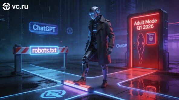 Робот в плаще в неоновом футуристическом городе, рядом надписи "ChatGPT" и "Adult Mode".