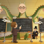 Математический дракон с тремя головами в классе, решает задачи вместе с учеными у доски.