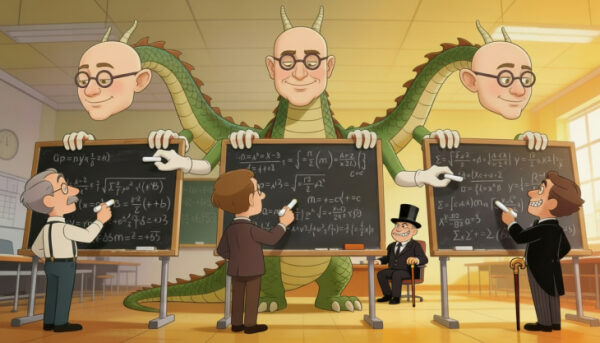 Математический дракон с тремя головами в классе, решает задачи вместе с учеными у доски.