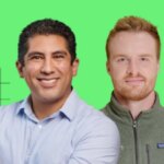 Два человека в деловой одежде на зеленом фоне с сетчатым узором.