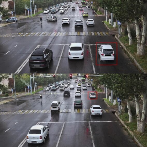 Дорожная камера фиксирует проезд автомобиля на красный свет на перекрёстке.