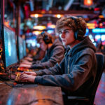 Киберспортсмены за компьютерами на турнире, яркие огни, наушники, сосредоточенность.