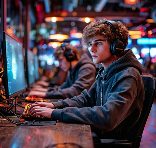 Киберспортсмены за компьютерами на турнире, яркие огни, наушники, сосредоточенность.