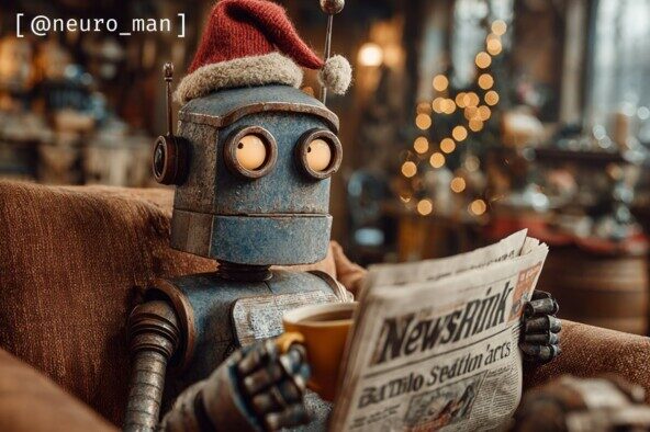 Робот в шапке Санты читает газету, держа чашку, на фоне новогодние огни.