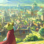 Персонажи смотрят на живописный сказочный город с холма, пейзаж в стиле фэнтези.