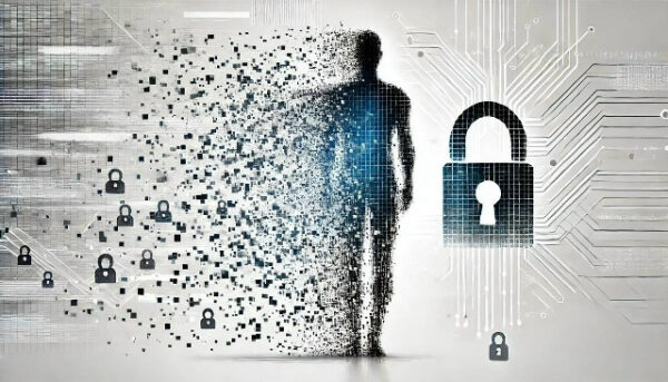 Цифровая фигура человека рядом с замком, символизирующая кибербезопасность и защиту данных.