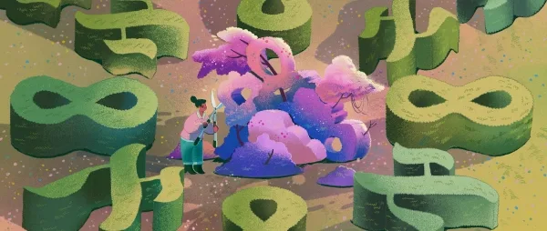 Год в математике 4 Иллюстрация, изображающая человека, подстригающего живую изгородь в форме знаков бесконечности.