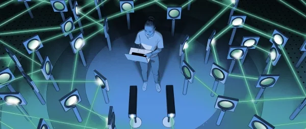 Год в физике 5 Иллюстрация, изображающая мужчину, держащего ноутбук и стоящего посреди сложного оптического эксперимента. Зеленые лазерные лучи разлетаются во все стороны.