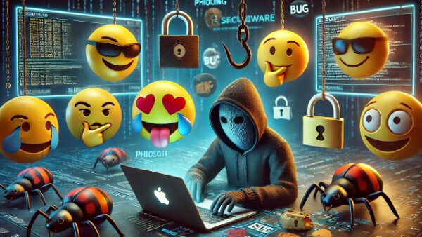 Хакер за ноутбуком среди эмодзи, замков и компьютерных экранов.