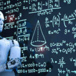 Робот перед доской с математическими формулами, искусственный интеллект в образовании.