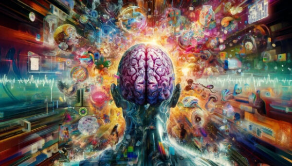 Человек вид сзади, вокруг визуализация разума и технологий, цветная абстракция.