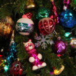 Ёлочные украшения на новогодней елке: разноцветные шары, фигурки и гирлянды.