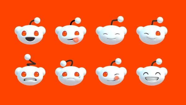 Эмодзи-логотипы Reddit на оранжевом фоне, разные эмоции.