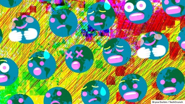 Эмодзи Земли с разными эмоциями на ярком абстрактном фоне.